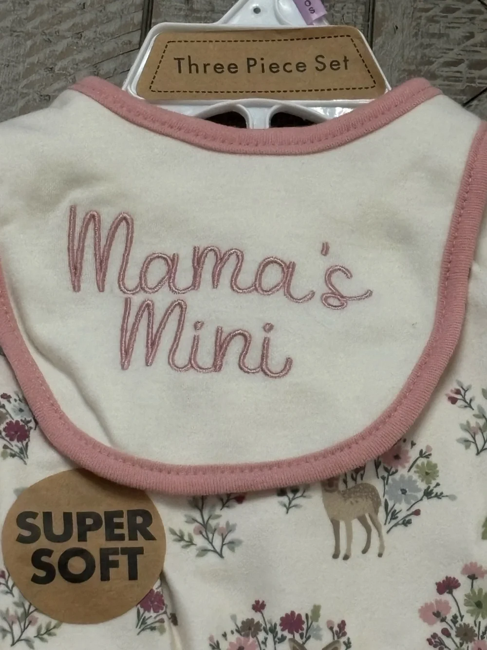 Essentials Floral Deer Bodysuit, Bib & Quilted Pants Set - Pink and Cream